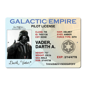 "Vader Pilot License" metal sign